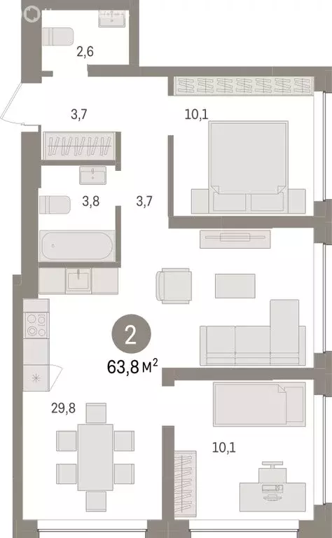 2-комнатная квартира: Тюмень, Урайская улица (63.82 м) - Фото 1