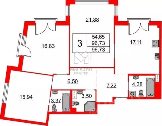 Свободной планировки кв. Санкт-Петербург просп. Бакунина, 33 (97.0 м) - Фото 2