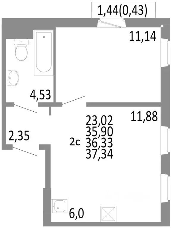 2-к кв. Челябинская область, Челябинск ул. Блюхера, 125Б (36.33 м) - Фото 0
