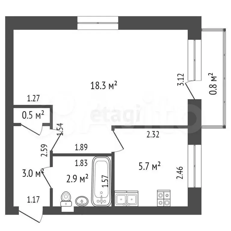 1-к. квартира, 30,4 м, 4/5 эт. - Фото 0