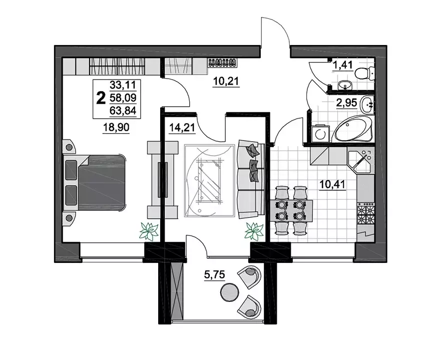 2-к квартира, 63.84 м - Фото 0
