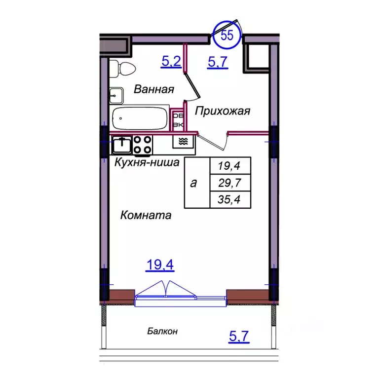 Студия Калининградская область, Светлогорск Балтийская ул. (35.4 м) - Фото 1