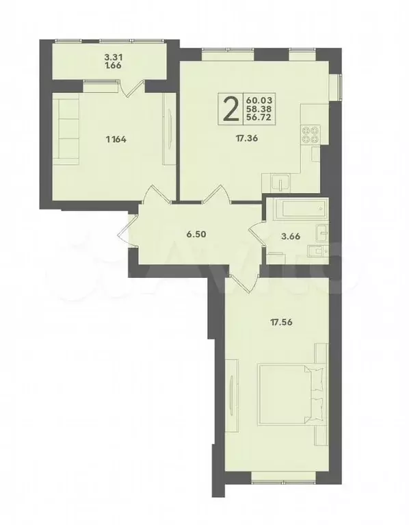 2-к. квартира, 58,4 м, 2/4 эт. - Фото 1