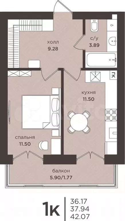 1-к. квартира, 37,9 м, 1/7 эт. - Фото 1