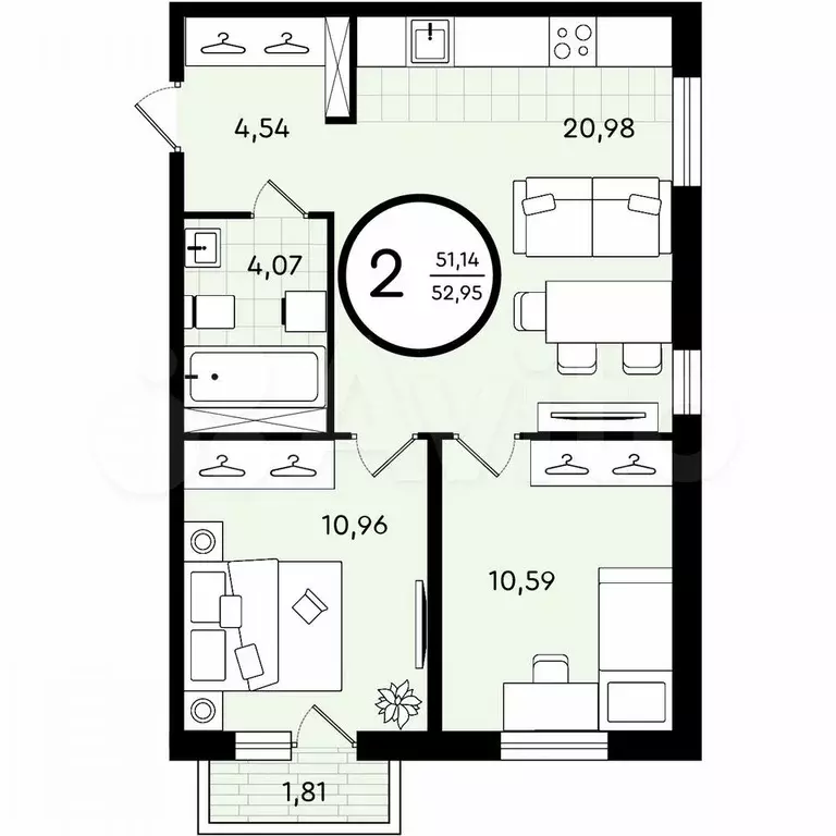 2-к. квартира, 53 м, 3/4 эт. - Фото 0