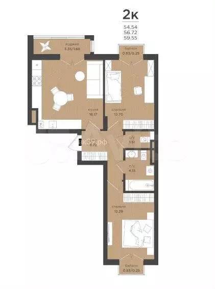 2-к. квартира, 56,7 м, 2/4 эт. - Фото 1