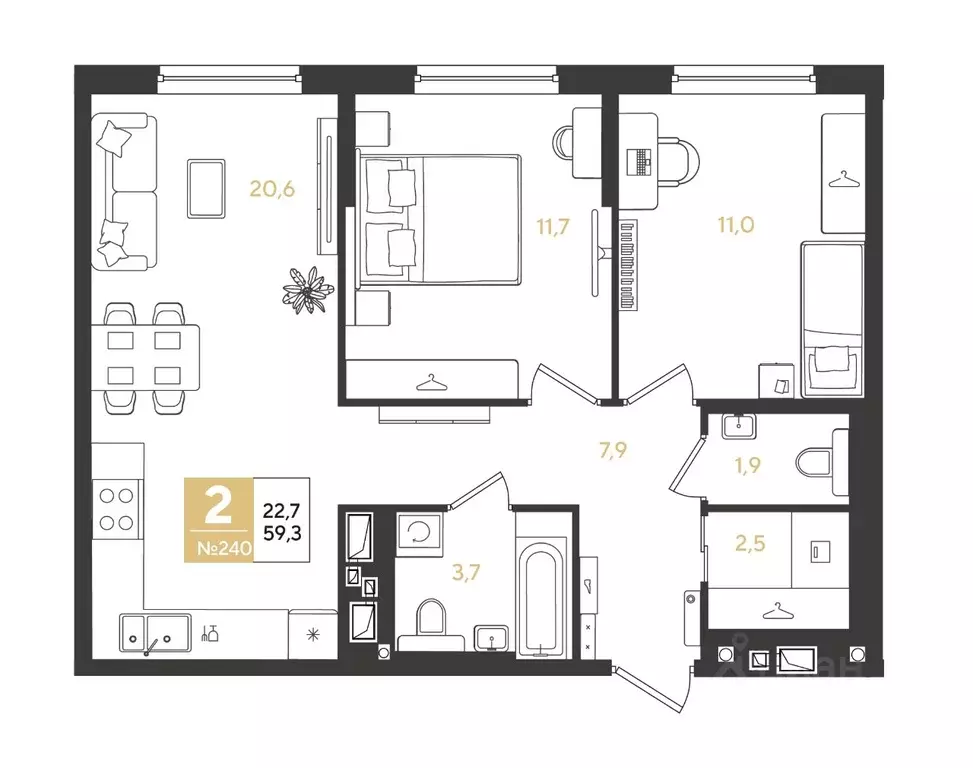 2-к кв. Краснодарский край, Краснодар Самолет кв-л,  (59.3 м) - Фото 1
