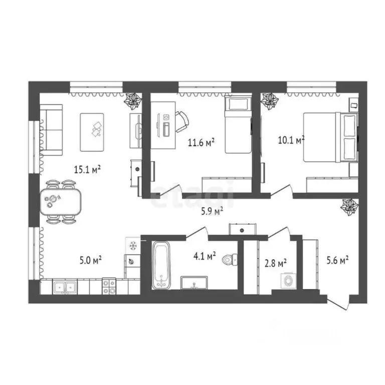 2-к кв. Тюменская область, Тюмень Причальная ул., 11 (60.0 м) - Фото 0