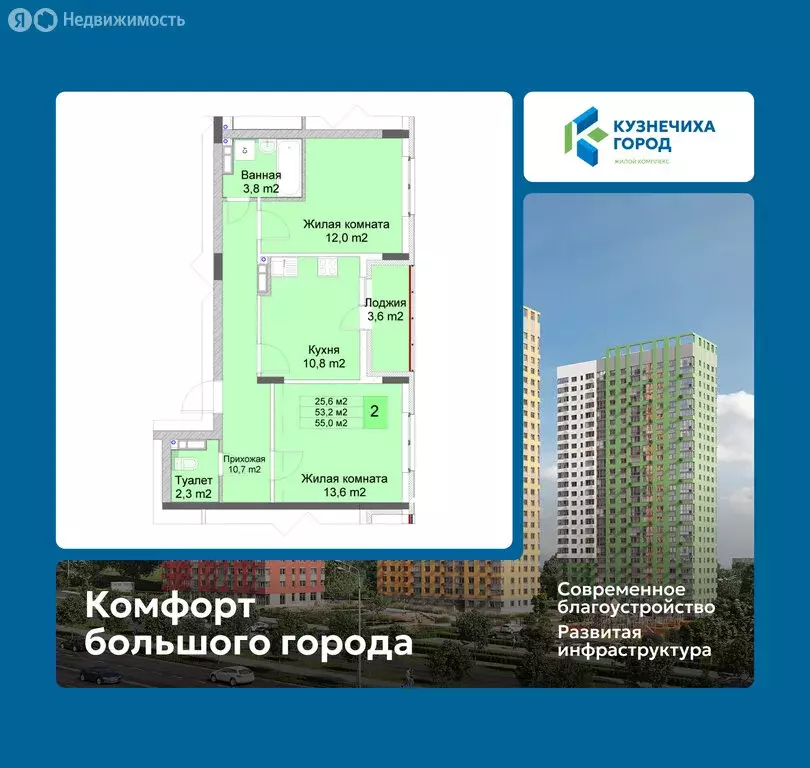 2-комнатная квартира: Нижний Новгород, ЖК Кузнечиха Город (55 м) - Фото 1