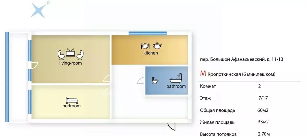 2-к кв. Москва Большой Афанасьевский пер., 11-13 (60.0 м) - Фото 1