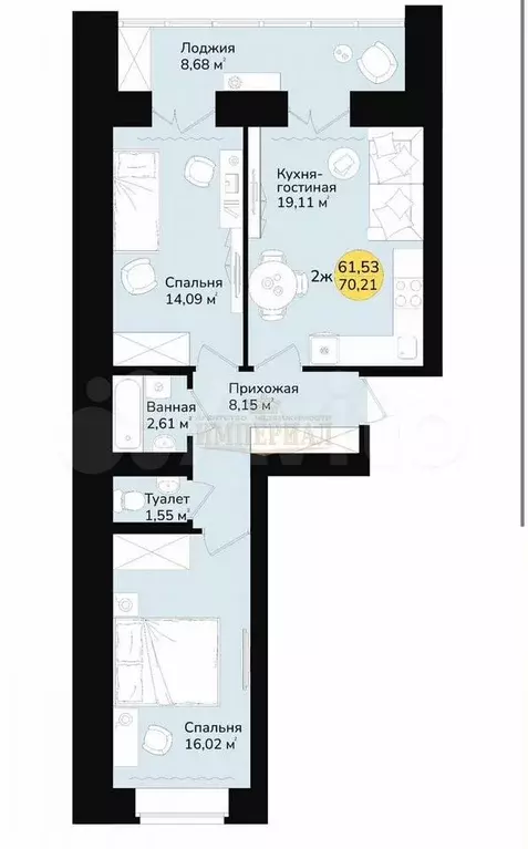 2-к. квартира, 55,5 м, 5/9 эт. - Фото 0