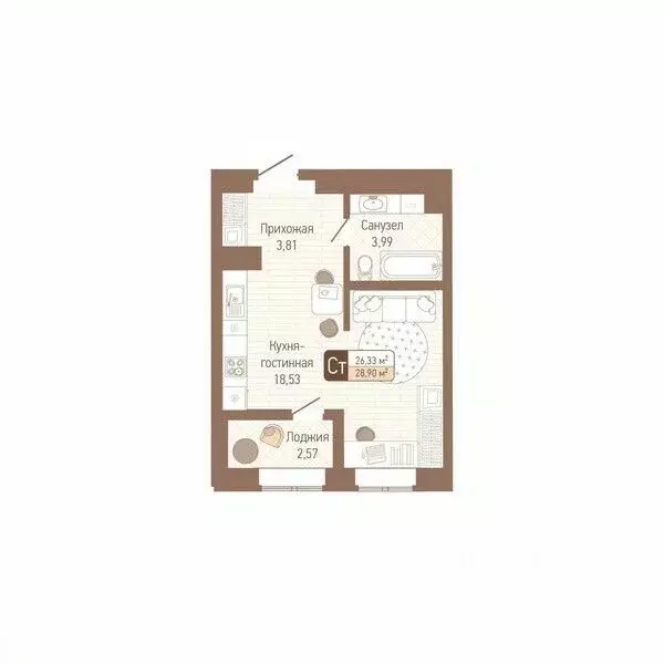 1-к кв. Тульская область, Тула Кулик жилой комплекс (27.62 м) - Фото 1