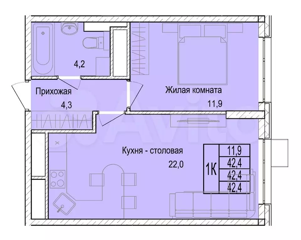 1-к. квартира, 41,9 м, 22/25 эт. - Фото 0