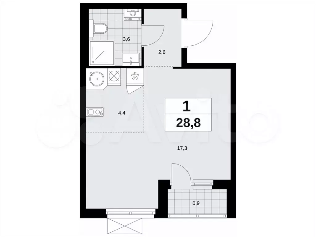 1-к. квартира, 28,8м, 7/14эт. - Фото 1