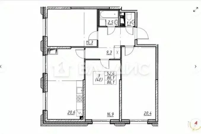 3-к кв. Санкт-Петербург ул. Дыбенко, 3 (86.1 м) - Фото 2