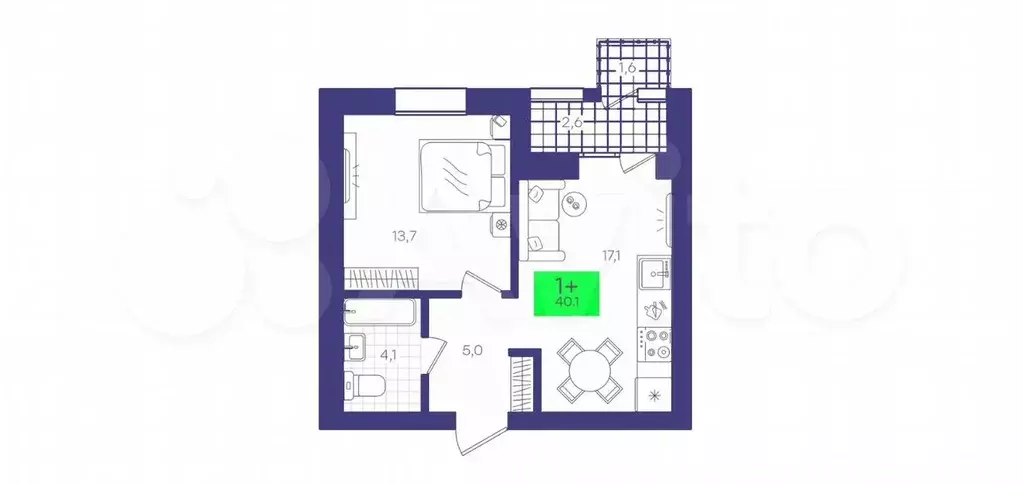 1-к. квартира, 40,1 м, 8/9 эт. - Фото 1