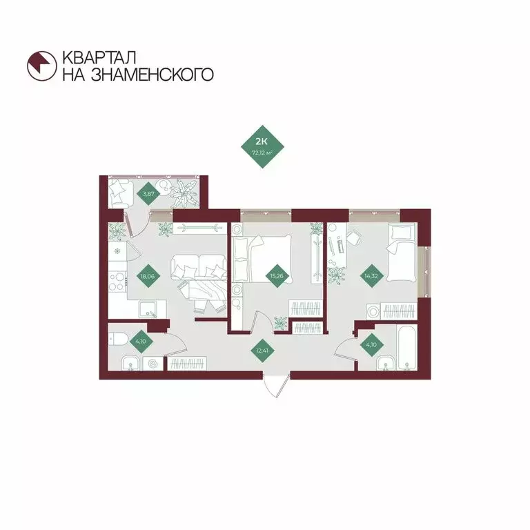 2-комнатная квартира: Тобольск, микрорайон 3Б, 6Бк2 (72.12 м) - Фото 1