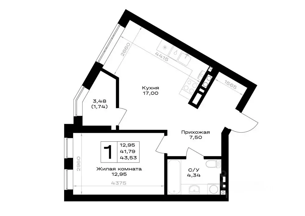 1-к кв. Калининградская область, Гурьевск Включи жилой комплекс (43.53 ... - Фото 1