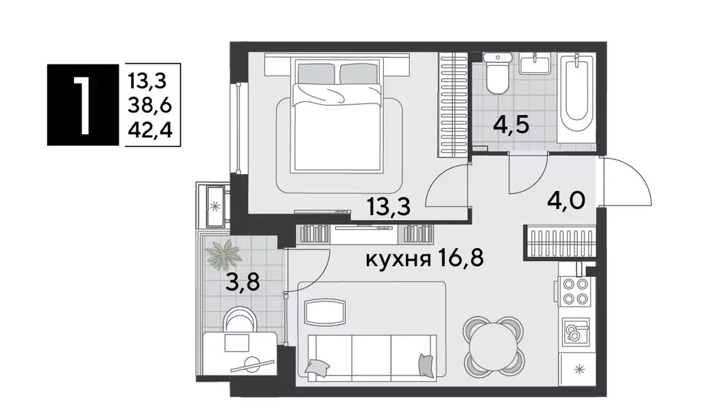 1-комнатная квартира: Краснодар, микрорайон Парк Победы (42.4 м) - Фото 1