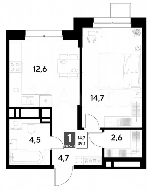 1-к. квартира, 39,1 м, 7/21 эт. - Фото 0