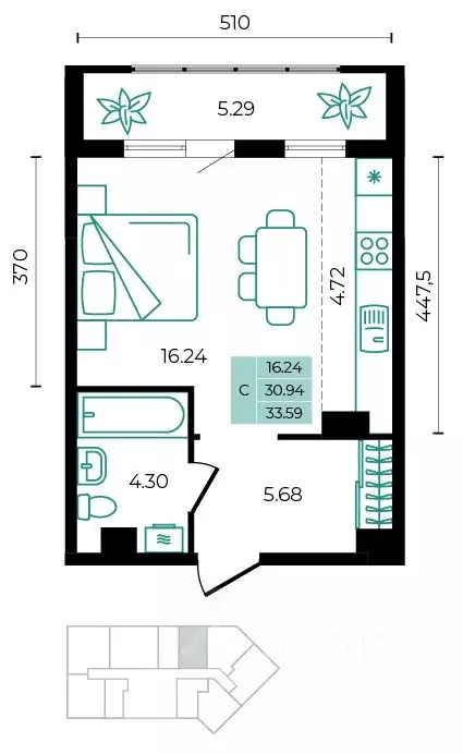 Студия Адыгея, Майкопский район, пос. Тульский ул. Заречная (33.59 м) - Фото 1