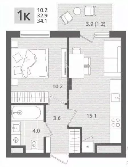 1-к кв. Калининградская область, Пионерский пос. Рыбное,  (34.1 м) - Фото 1