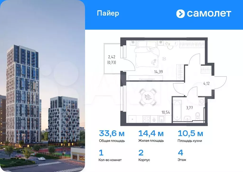 1-к. квартира, 33,6 м, 4/16 эт. - Фото 0