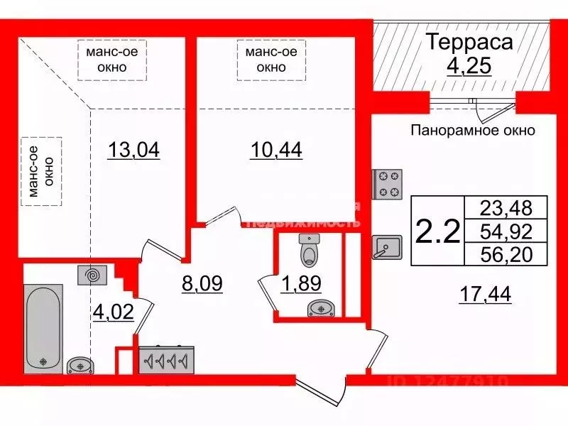 2-к кв. Санкт-Петербург ул. Струве, 12к1 (55.0 м) - Фото 2