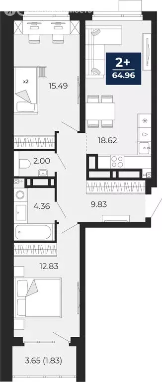 2-комнатная квартира: Тюмень, Арктическая улица, 12 (66.78 м) - Фото 1