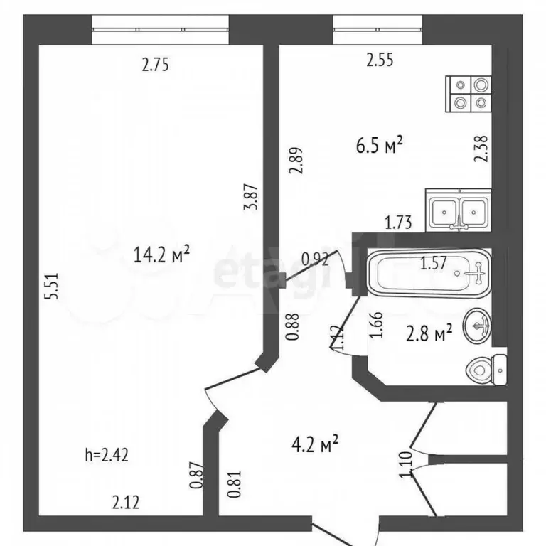 1-к. квартира, 33,1 м, 2/5 эт. - Фото 0