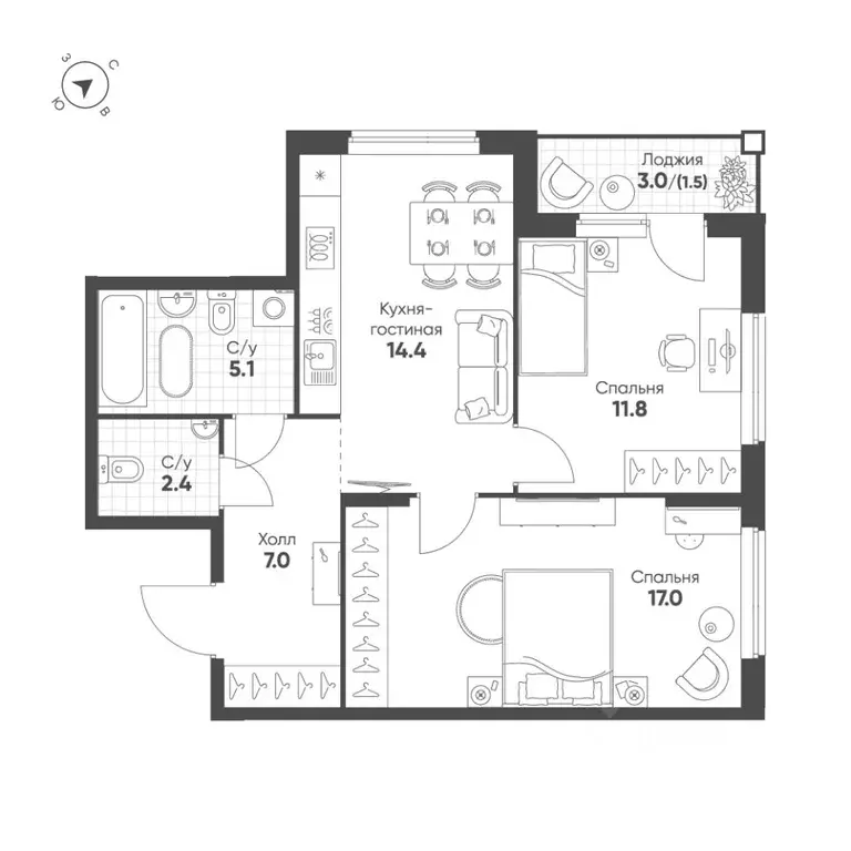 2-к кв. Свердловская область, Екатеринбург Солнечный жилрайон,  (59.2 ... - Фото 1