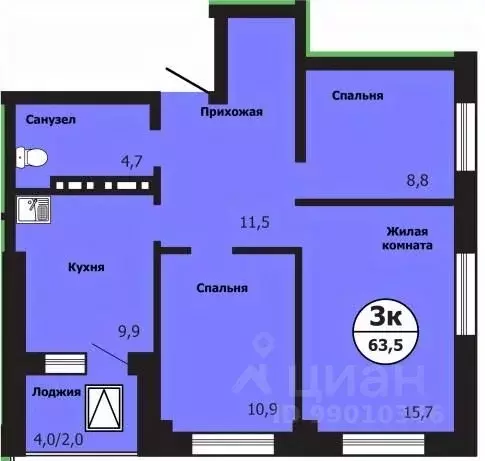 3-к кв. Красноярский край, Красноярск ул. Лесников, 51Б (63.5 м) - Фото 0