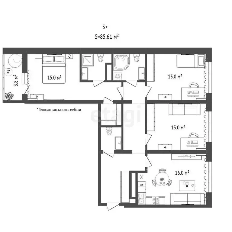 3-комнатная квартира: Тюмень, микрорайон Зарека, улица Лермонтова, 8А ... - Фото 1