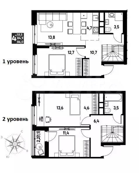 4-к. квартира, 86 м, 8/16 эт. - Фото 0