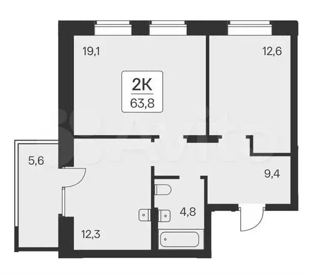 2-к. квартира, 63,8 м, 2/21 эт. - Фото 0