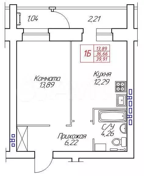 1-к. квартира, 39,9 м, 8/8 эт. - Фото 0