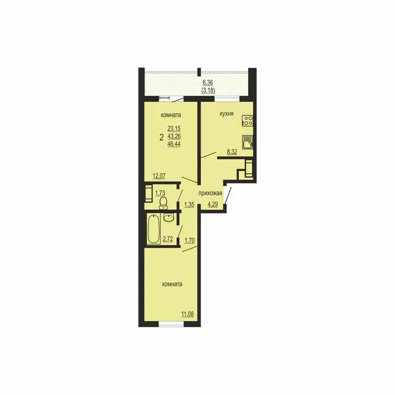 2-комнатная квартира: Западный, улица Дружбы, 6 (46.44 м) - Фото 0