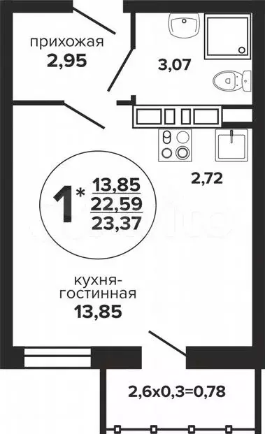 Квартира-студия, 23,4м, 2/24эт. - Фото 0