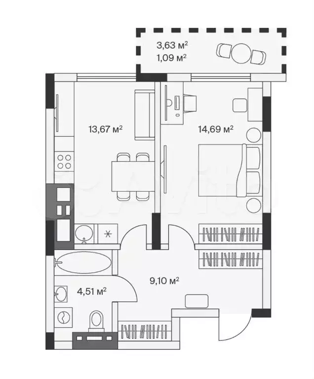 1-к. квартира, 43 м, 7/7 эт. - Фото 1