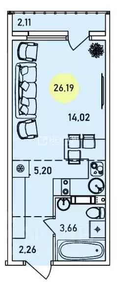 Студия Ярославская область, Ярославль ул. Лескова, 44 (26.19 м) - Фото 2