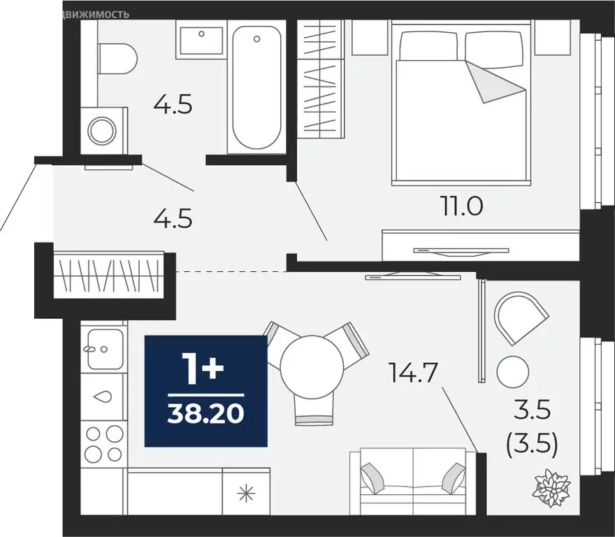 1-комнатная квартира: Тюмень, проезд Капитана Куликова, 5 (38.2 м) - Фото 1