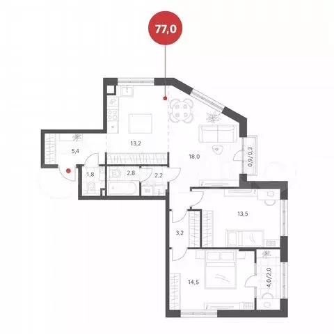 3-к. квартира, 77,1 м, 2/4 эт. - Фото 0