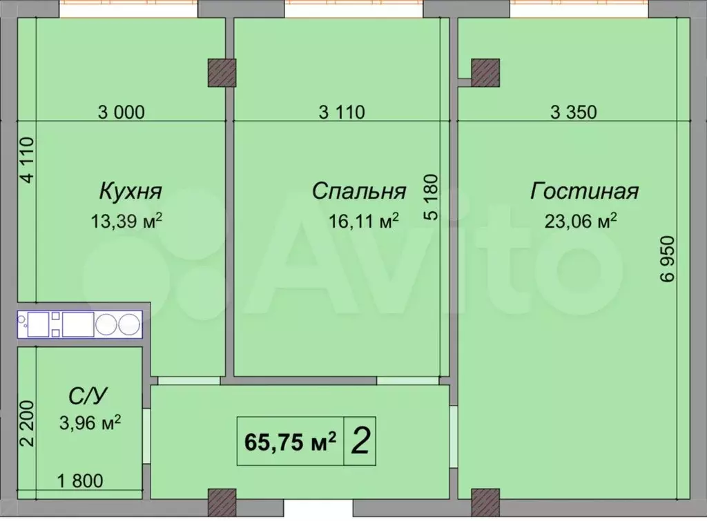 2-к. квартира, 65,8 м, 2/12 эт. - Фото 0