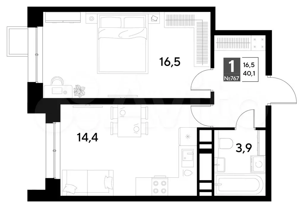 1-к. квартира, 40,1 м, 18/21 эт. - Фото 0