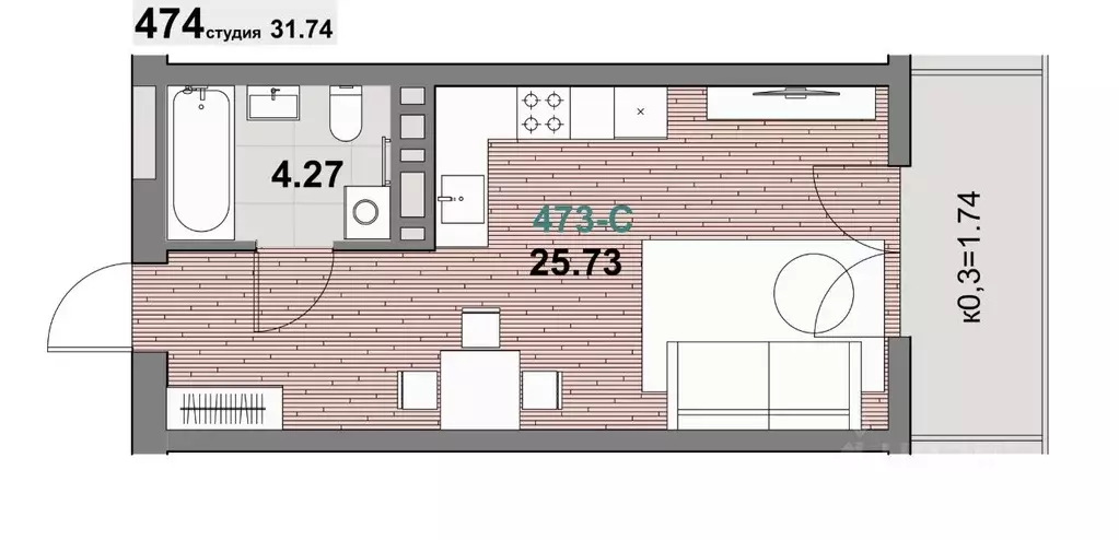 1-к кв. Калининградская область, Зеленоградск ул. Гагарина (31.74 м) - Фото 1