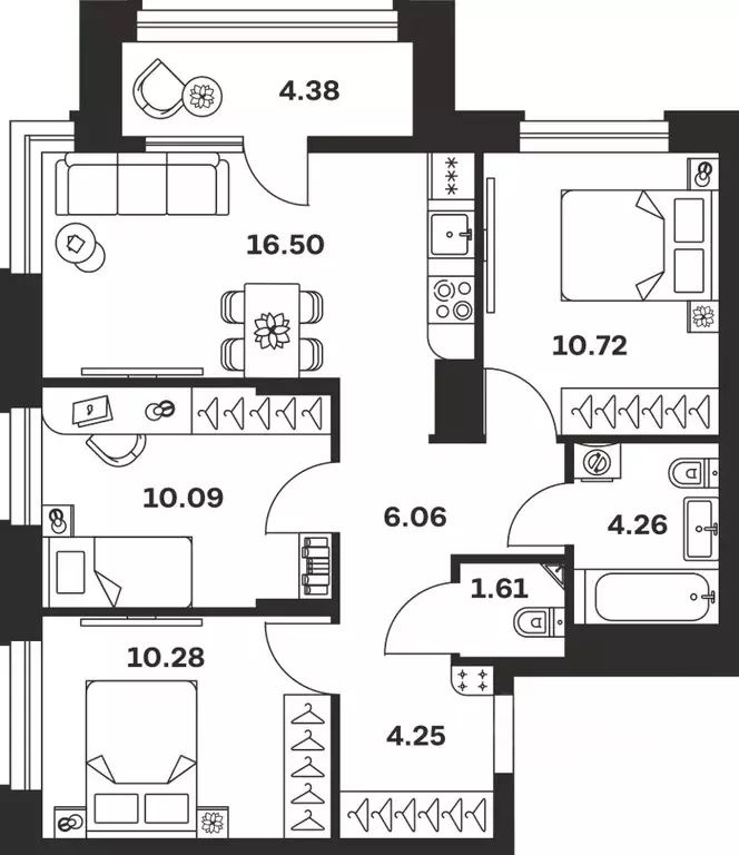 3-к кв. Тульская область, Тула Баташи Парк жилой комплекс (68.15 м) - Фото 1
