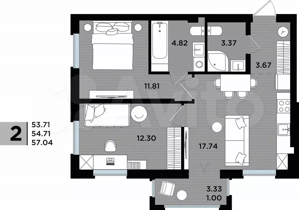 2-к. квартира, 57 м, 2/5 эт. - Фото 1