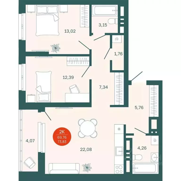 2-к кв. Тюменская область, Тюмень Одесская ул., 7к2 (69.76 м) - Фото 0