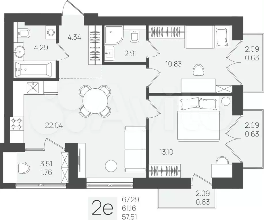 2-к. квартира, 59,3 м, 5/5 эт. - Фото 1