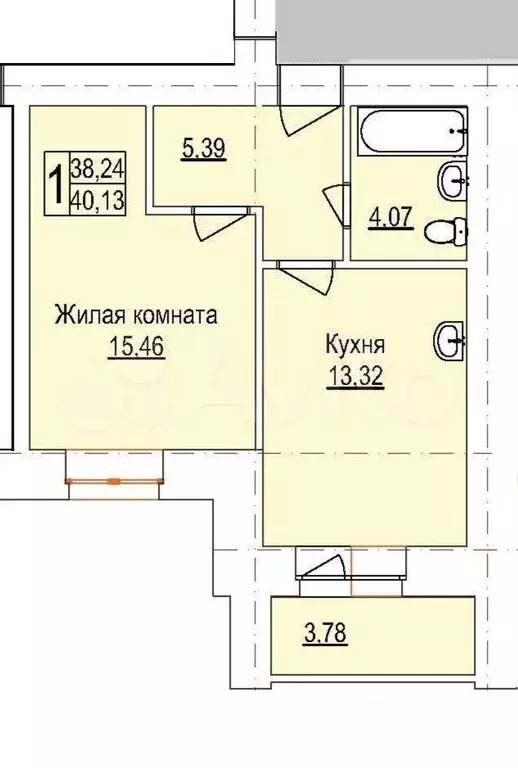 1-к. квартира, 40,1 м, 13/14 эт. - Фото 0